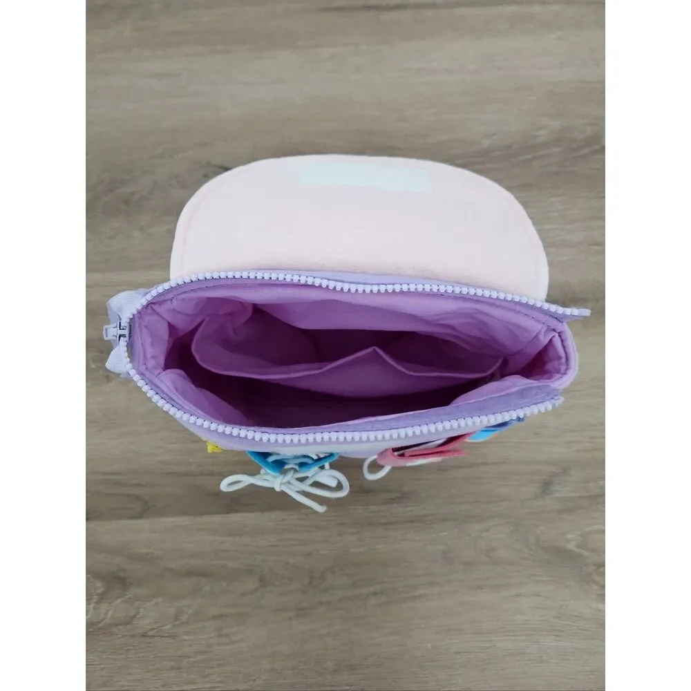 White Dolphin Toys Kids Busy Board Backpack in Lavender and Pink